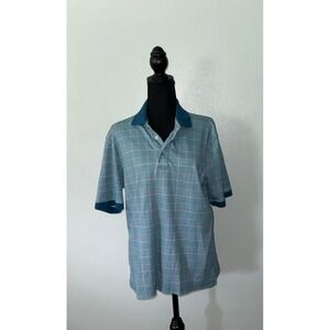 Lands' End Mens Polo Shirt Traditional Fit Blue Plaid Short Sleeve Casual